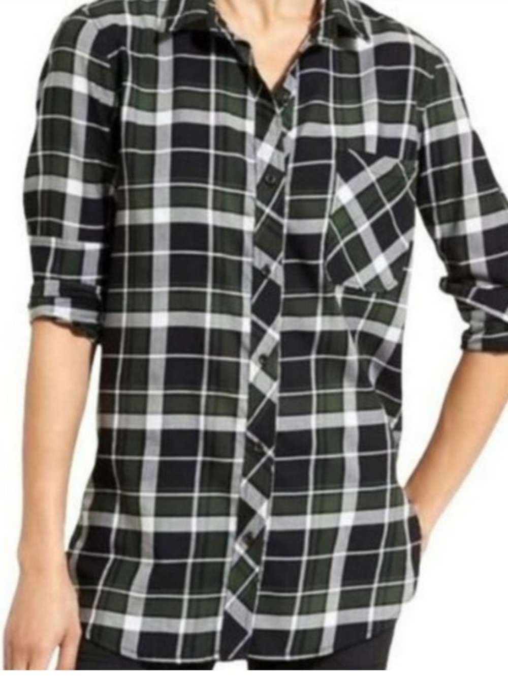 Athleta Black, White and Olive Green Plaid Button-Down Shirt